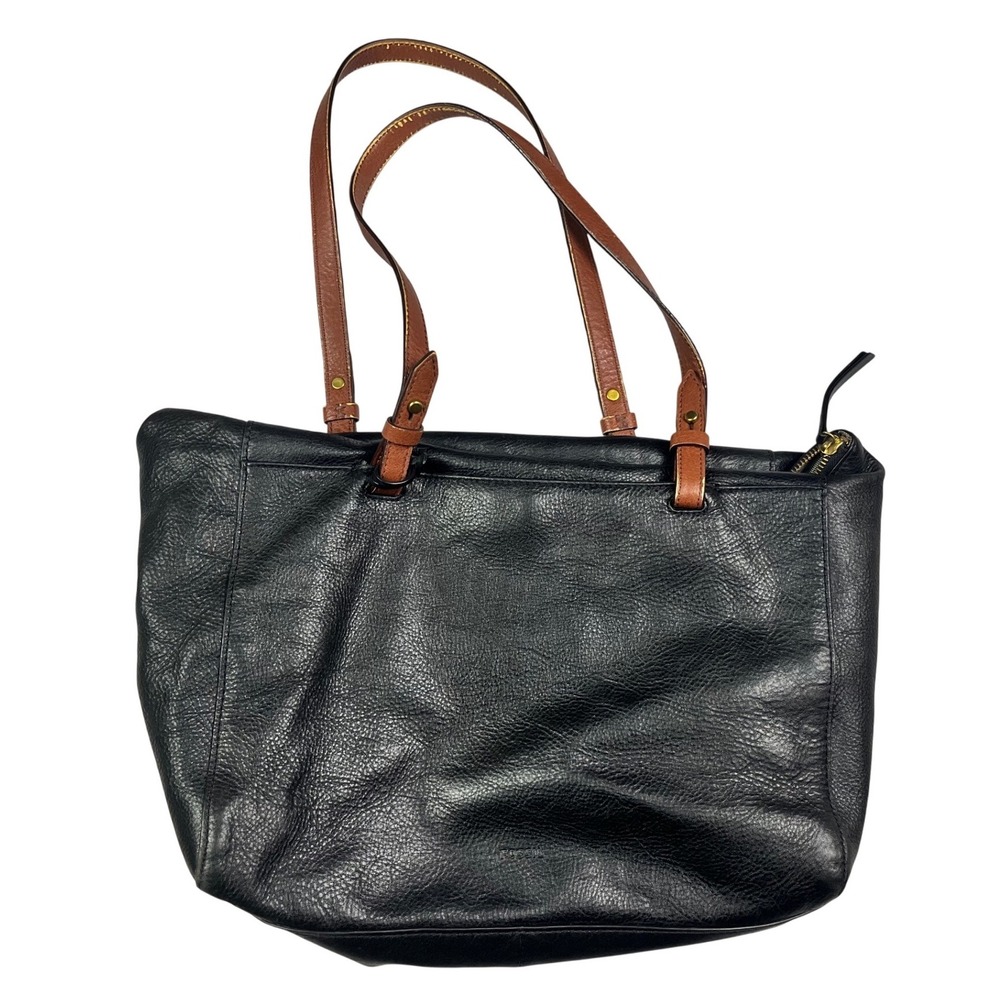 Fossil Black Pebbled Leather Tote Bag Brown Straps Large Shoulder Bag Purse